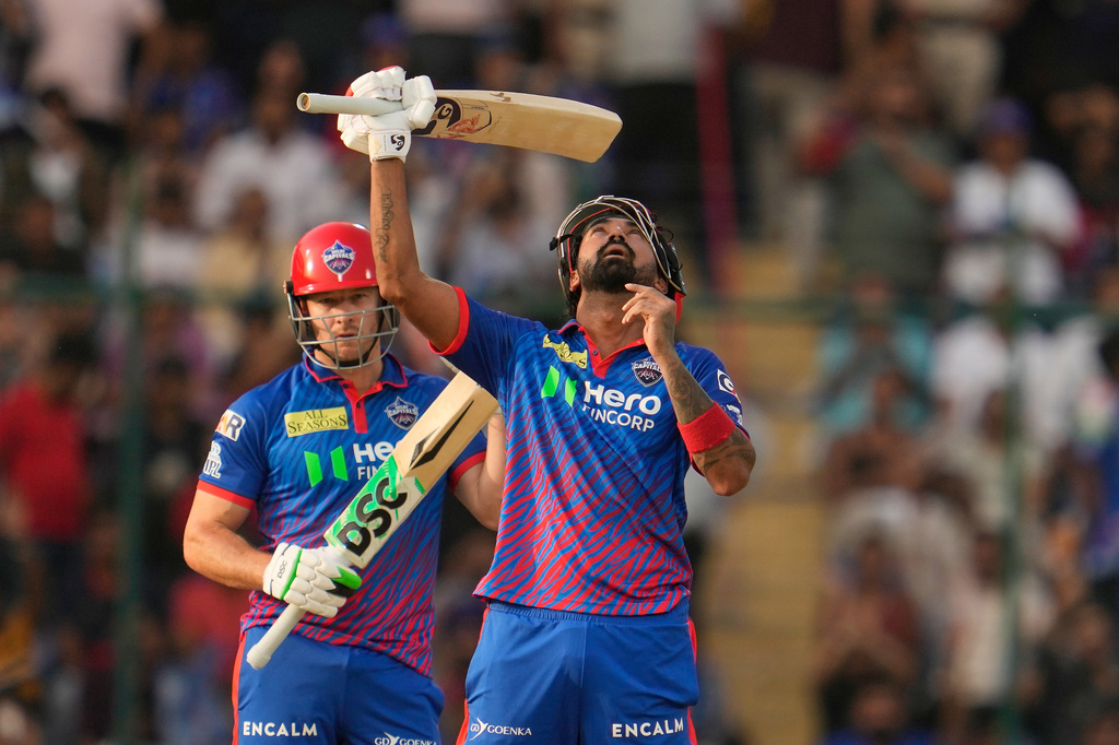 Delhi Capitals' KL Rahul celebrates after scoring one hundred and fifty runs during the Indian Premier League cricket match between Delhi Capitals and Punjab Kings in New Delhi, India, Saturday, April 25, 2026. (AP Photo/Manish Swarup)