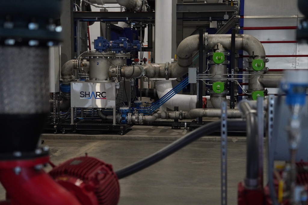 A wastewater heat recovery system operates Tuesday, Dec. 2, 2025, at the National Western Center in Denver. (AP Photo/Brittany Peterson)