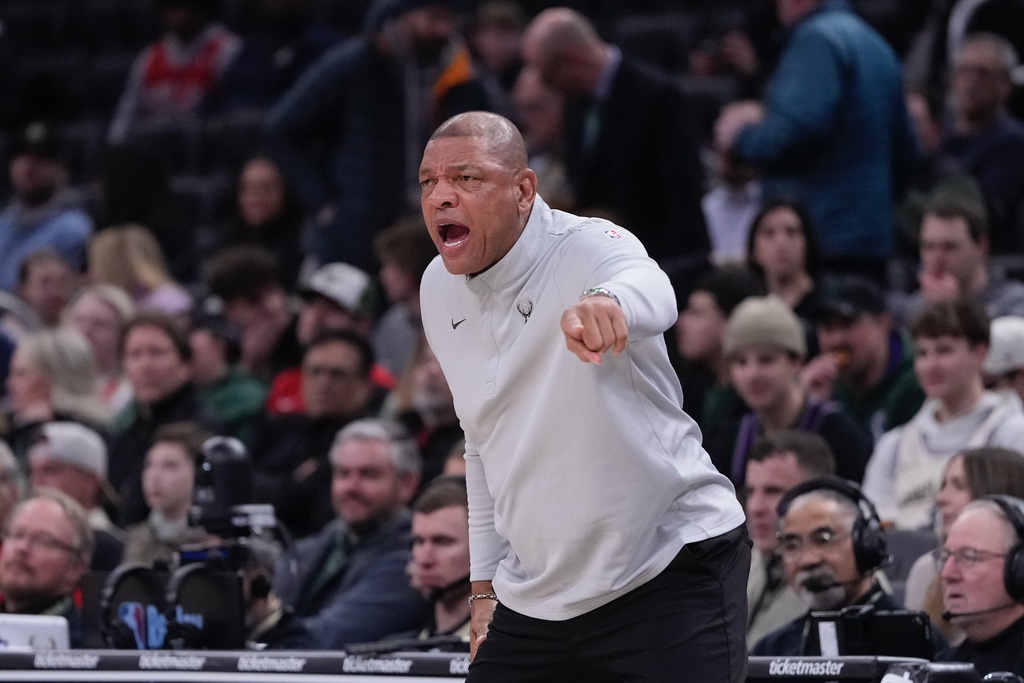 Milwaukee Bucks head coach Doc Rivers reacts during the first half of an NBA basketball game Tuesday, Feb. 3, 2026, in Milwaukee. (AP Photo/Morry Gash)