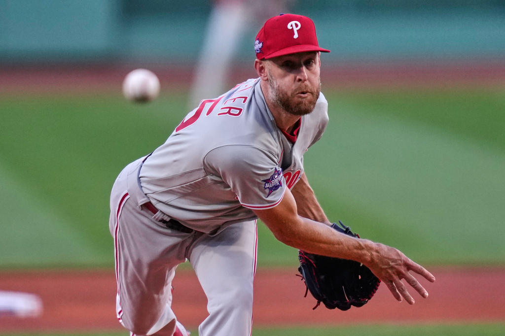 Philadelphia Phillies pitcher Zack Wheeler delivers during the first inning of a baseball game against the Boston Red Sox, Tuesday, May 12, 2026, in Boston. (AP Photo/Charles Krupa)