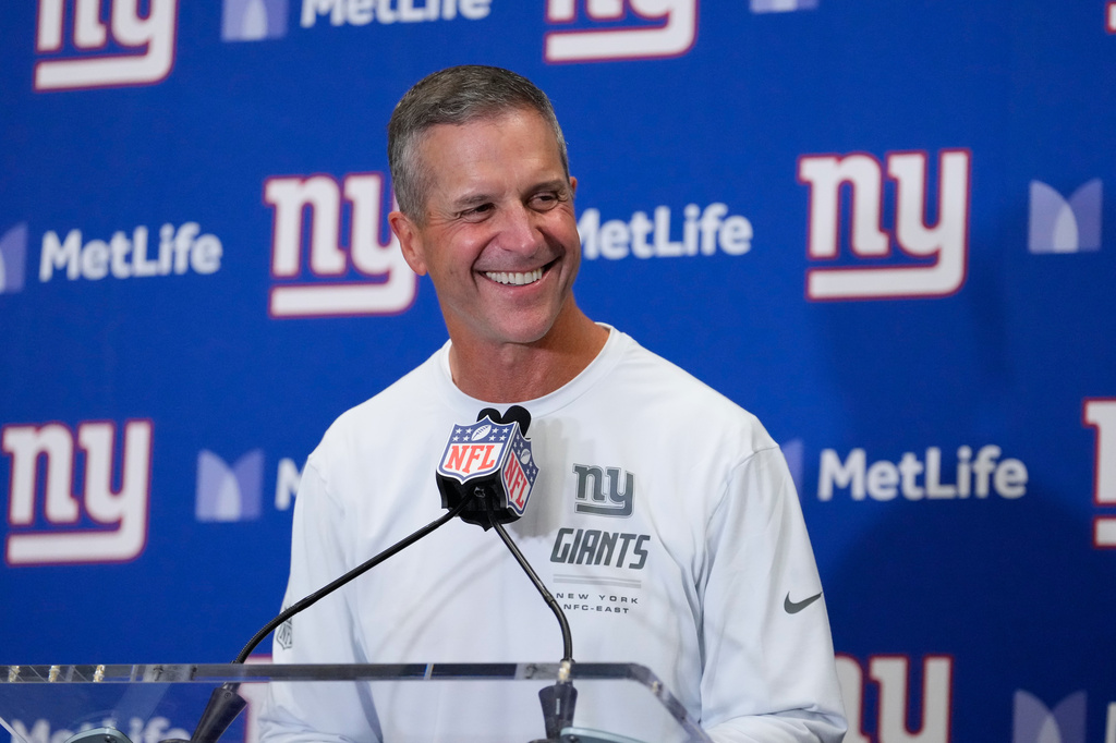New York Giants head coach John Harbaugh speaks to reporters following an NFL football game against the Dallas Cowboys, Sunday, Sept. 13, 2026, in East Rutherford, N.J. (AP Photo/Yuki Iwamura)