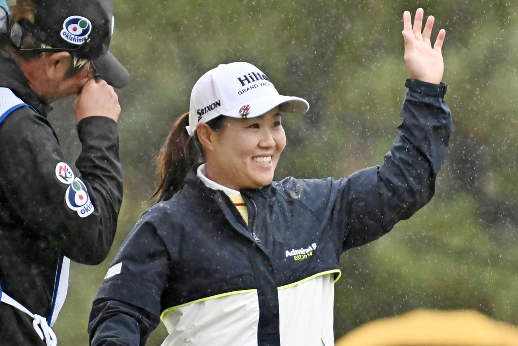 Japan's Nasa Hataoka reacts after winning the LPGA's Toto Japan Classic in Otsu, Shiga prefecture, Japan Sunday, Nov. 9, 2025. (Kyodo News via AP)