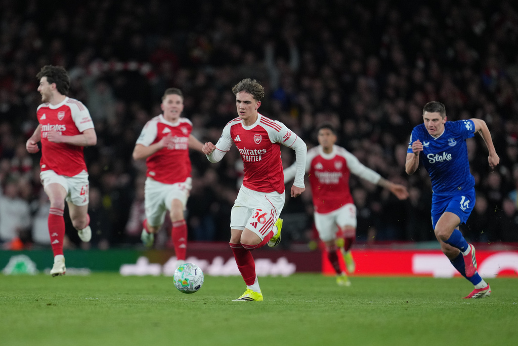 Arsenal's Max Dowman in action to scoreduring the English Premier League soccer match between Arsenal and Everton in London, England, Saturday, March 14, 2026. (AP Photo/Kin Cheung)