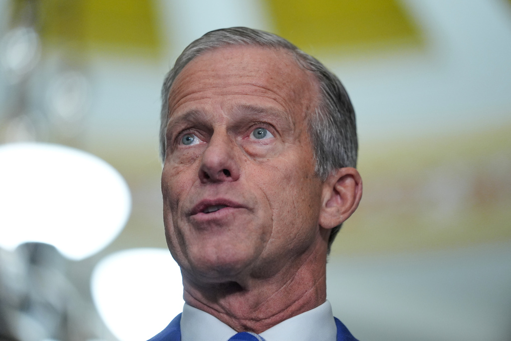 Sen. Majority Leader John Thune, R-S.D., speaks during a news conference after a policy luncheon on Capitol Hill, Tuesday, March 24, 2026, in Washington. (AP Photo/Mariam Zuhaib)
