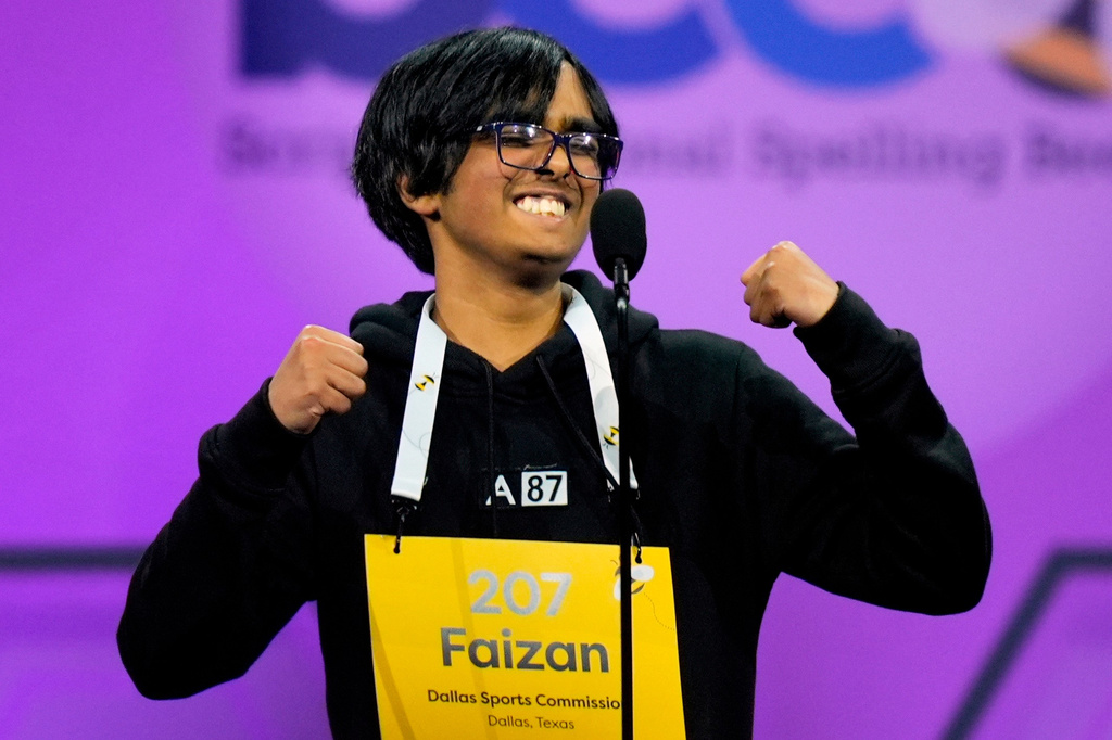 FILE - Faizan Zaki, of Dallas, reacts as he wins the 2025 Scripps National Spelling Bee, May 29, 2025, in Oxon Hill, Md. (AP Photo/Julia Demaree Nikhinson, File)