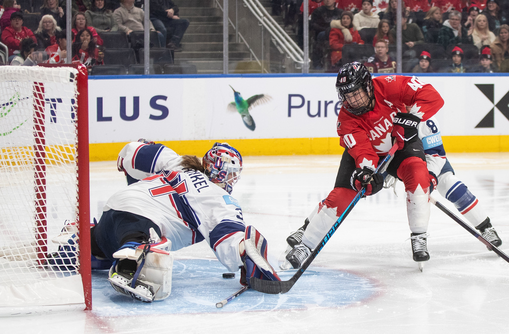 United States goalie Aerin Frankel (31) makes the save on Canada's Blayre Turnbull (40) during the third period of a Rivalry Series hockey game in Edmonton, Alberta, Saturday, Dec. 13, 2025. (Jason Franson/The Canadian Press via AP)