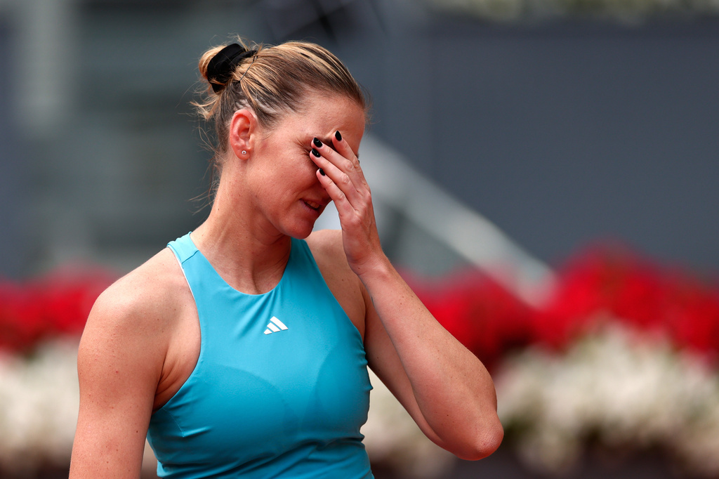 Karolina Pliskova of the Czech Republic reacts during her match against Anastasia Potapova of Russia during the Madrid Open tennis tournament in Madrid, Wednesday, April 29, 2026. (AP Photo/Pablo Garcia)