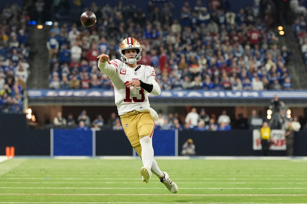 San Francisco 49ers quarterback Brock Purdy (13) passes against the Indianapolis Colts during the second half of an NFL football game, Monday, Dec. 22, 2025, in Indianapolis. (AP Photo/Carolyn Kaster)
