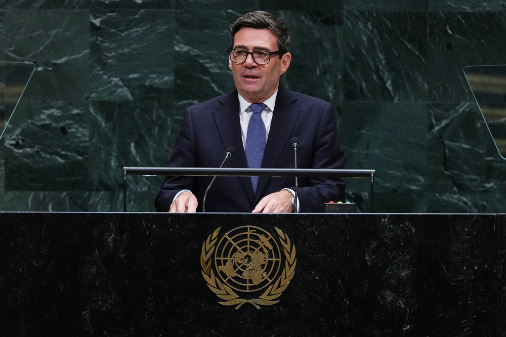 Britain's Prime Minister Andy Burnham addresses the 81st session of the United Nations General Assembly at U.N. headquarters Tuesday, Sept. 22, 2026. (AP Photo/Frank Franklin II)