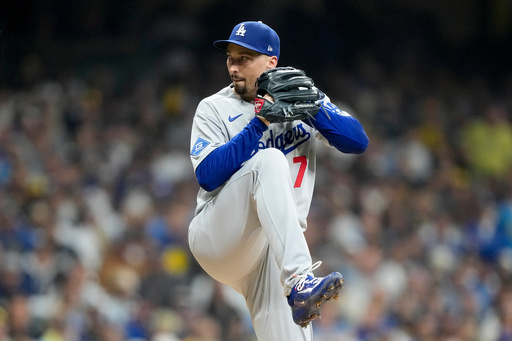 Los Angeles Dodgers pitcher Blake Snell throws against the Milwaukee Brewers during the first inning in Game 1 of baseball's National League Championship Series, Monday, Oct. 13, 2025, in Milwaukee. (AP Photo/Brynn Anderson) Los Angeles Dodgers pitcher Blake Snell throws against the Milwaukee Brewers during the first inning in Game 1 of baseball's National League Championship Series, Monday, Oct. 13, 2025, in Milwaukee. (AP Photo/Brynn Anderson)