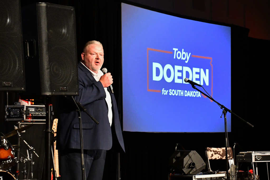 FILE - Republican gubernatorial candidate Toby Doeden speaks during a primary election night watch party in Sioux Falls, S.D., Tuesday, June 2, 2026. (Julia Stelter/South Dakota Public Broadcasting via AP, File)