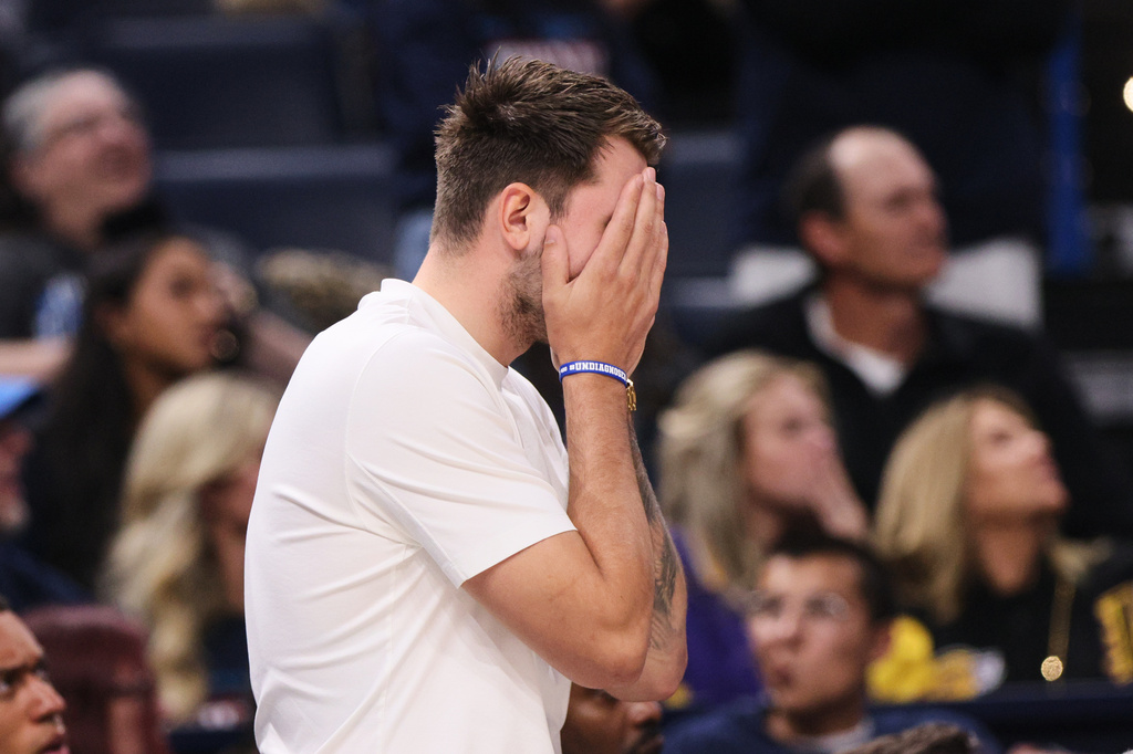 Los Angeles Lakers' Luka Doncic reacts to an officials call in the second half of Game 2 in a second-round NBA basketball playoffs series against the Oklahoma City Thunder Thursday, May 7, 2026, in Oklahoma City. (AP Photo/Nate Billings)