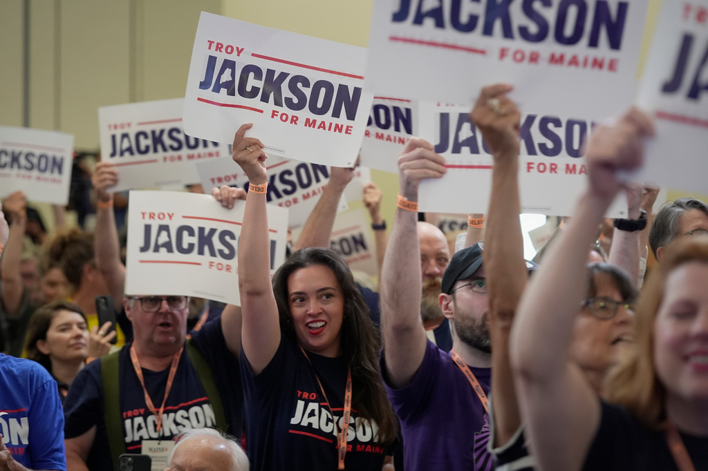 Supporters cheer Troy Jackson, Democratic candidate for U.S. Senate, at the Maine Democratic Nominating Convention, Saturday, July 25, 2026, in Bangor, Maine. (AP Photo/Robert F. Bukaty)