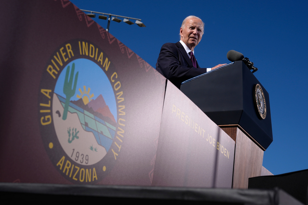 FILE - President Joe Biden speaks at the Gila Crossing Community School in the Gila River Indian Community reservation in Laveen, Ariz., Friday, Oct. 25, 2024. (AP Photo/Manuel Balce Ceneta,File)