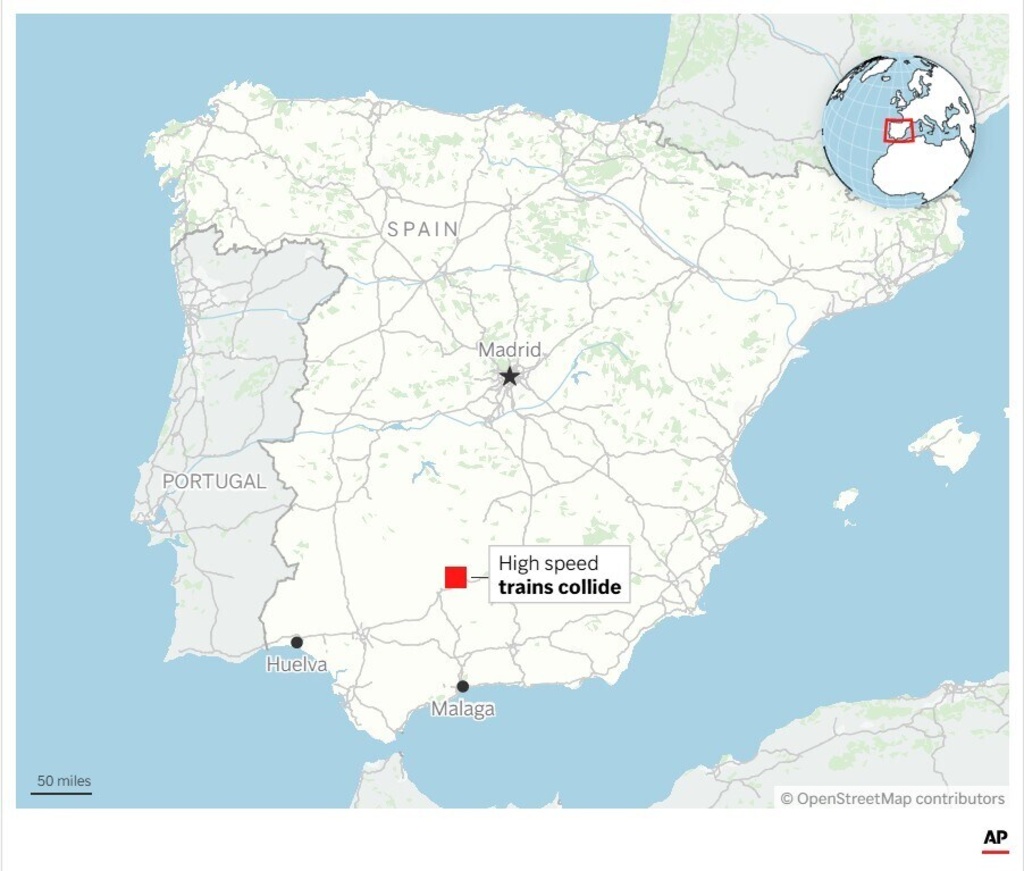 This map shows the location of a high-speed train collision in southern Spain. (AP Digital Embed)