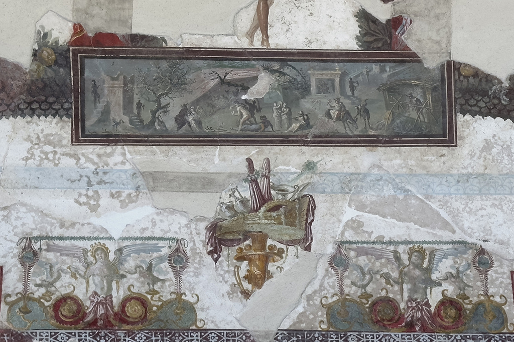 In this picture made available by the Archaeological Park of Pompeii, Friday, July 24, 2026, part of the restored ceiling of the Bakery House is displayed at the Pompeii Archaeological site. (Parco Archeologico di Pompei via AP)