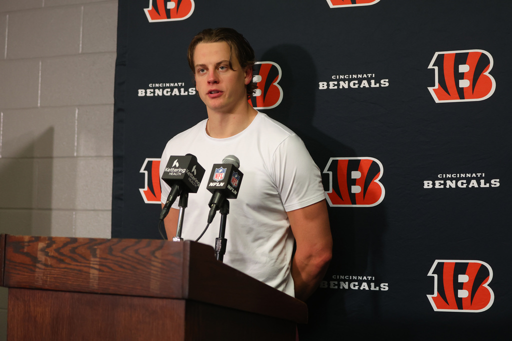 Cincinnati Bengals quarterback Joe Burrow speaks during a news conference after an NFL football game against the Buffalo Bills, Sunday, Dec. 7, 2025, in Orchard Park, N.Y. (AP Photo/Jeffrey T. Barnes)