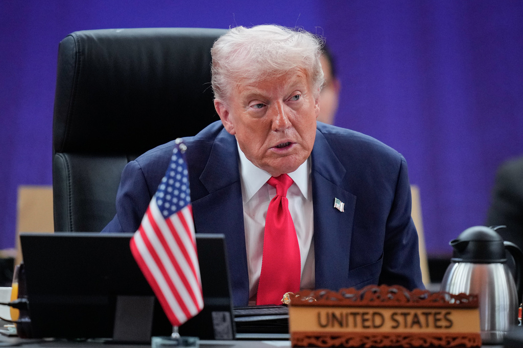 President Donald Trump addresses during the ASEAN US Summit in Kuala Lumpur, Malaysia, Sunday, Oct. 26, 2025. (AP Photo/Vincent Thian, Pool)