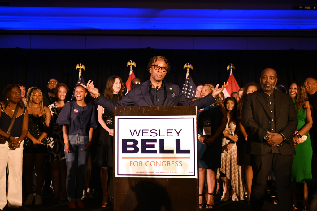 U.S. Rep. Wesley Bell, D-Mo., reacts during a primary election night watch party after winning the Democratic nomination Tuesday, Aug. 4, 2026, in St. Louis. (AP Photo/Michael Thomas)