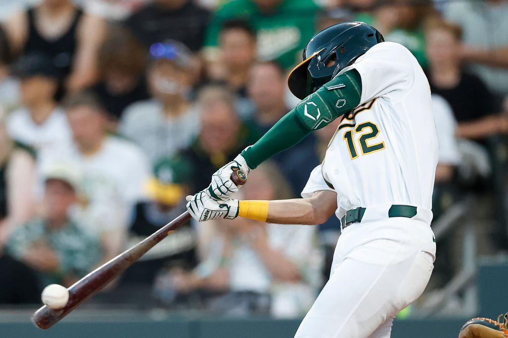 Athletics' Alika Williams hits a solo home run during the sixth inning of a baseball game against the Milwaukee Brewers, Wednesday, June 10, 2026, in Las Vegas. (AP Photo/Caroline Brehman)