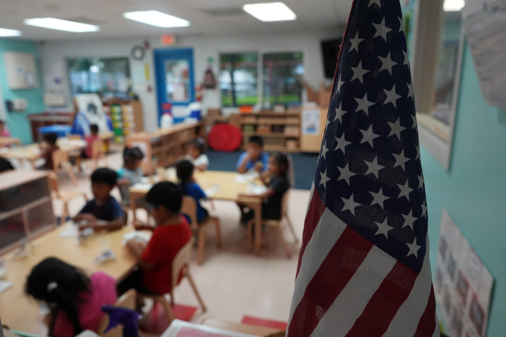 An American flag stands in a classroom at a Head Start preschool in Immokalee, Fla., Thursday, Sept. 10, 2026. (AP Photo/Rebecca Blackwell)