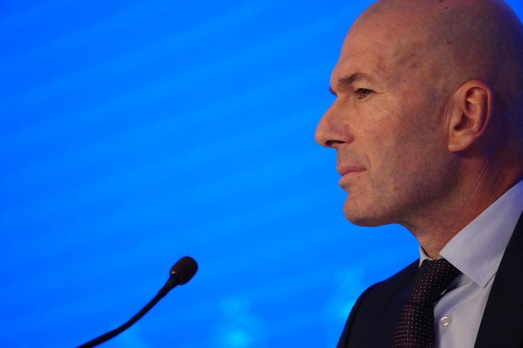 Zinedine Zidane, newly appointed coach of the France national soccer team, attends a media conference at the headquarters of French Football Federation headquarters in Paris, Tuesday, July 28, 2026. (AP Photo/Aurelien Morissard)