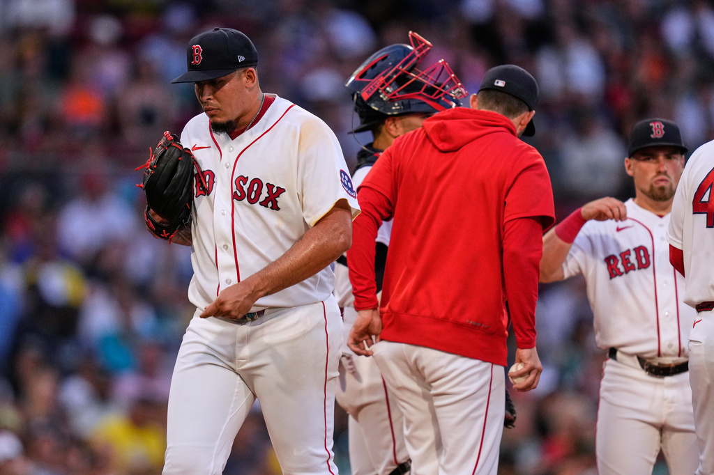 Boston Red Sox starting pitcher Eduardo Rivera is pulled from the game in the first inning during the second baseball game of a doubleheader against the Baltimore Orioles, Wednesday, July 22, 2026, in Boston. (AP Photo/Charles Krupa)