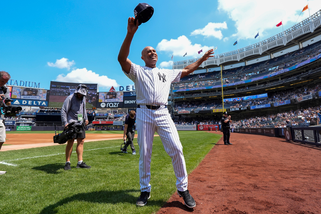 Former New York Yankees Mariano Rivera is introduced during the Yankees Old-Timers' Day ceremony before a baseball game between the New York Yankees and the Atlanta Braves, Saturday, Aug. 8, 2026, in New York. (AP Photo/Yuki Iwamura)