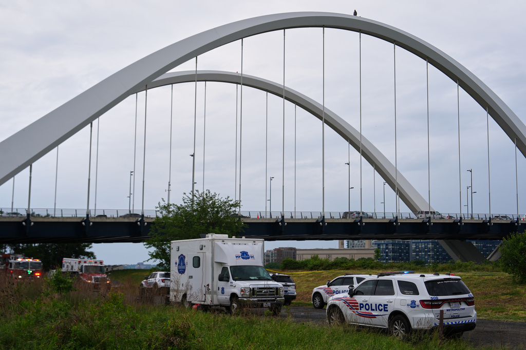 Guido Reichstadter, 45, is seen on top of the Frederick Douglass Bridge, Wednesday, May 6, 2026 in Washington. Reichstadter has come down, after his 6-day protest. (AP Photo/Julia Demaree-Nikhinson)