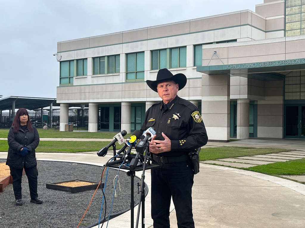 San Joaquin County Sheriff Patrick Withrow speaks to the press outside of the sheriff’s office in French Camp, San Joaquin County, Calif., Sunday, Nov. 30, 2025. (AP Photo/Sophie Austin)