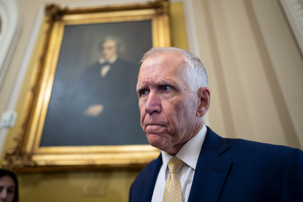 Sen. Thom Tillis, R-N.C., speaks with reporters before a Republican lunch at the Capitol in Washington, Tuesday, June 16, 2026. (AP Photo/J. Scott Applewhite)
