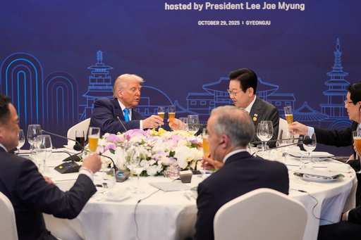 President Donald Trump toasts with state leaders including South Korean President Lee Jae Myung, center right, during a dinner event in Gyeongju, South Korea, Wednesday, Oct. 29, 2025. (AP Photo/Mark Schiefelbein) President Donald Trump toasts with state leaders including South Korean President Lee Jae Myung, center right, during a dinner event in Gyeongju, South Korea, Wednesday, Oct. 29, 2025. (AP Photo/Mark Schiefelbein)
