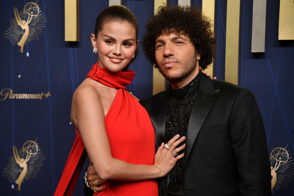 FILE - Selena Gomez, left, and Benny Blanco arrive at the 77th Primetime Emmy Awards on Sunday, Sept. 14, 2025, at the Peacock Theater in Los Angeles. (Photo by Richard Shotwell/Invision/AP, File)