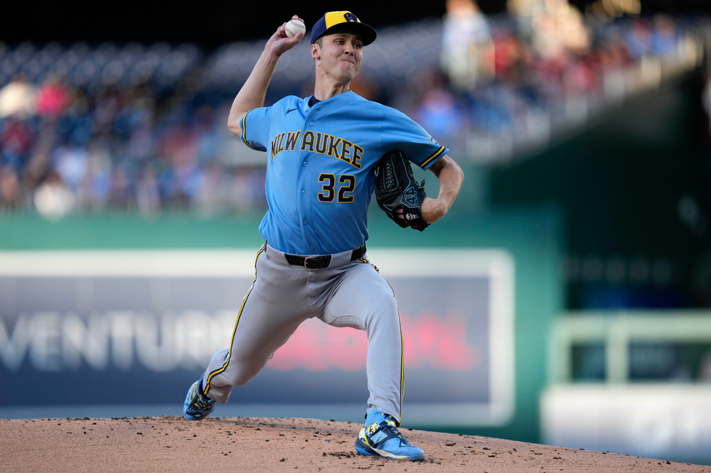 Milwaukee Brewers starting pitcher Jacob Misiorowski throws to the Washington Nationals during the first inning of a baseball game, Friday, May 1, 2026, in Washington. (AP Photo/Jess Rapfogel)