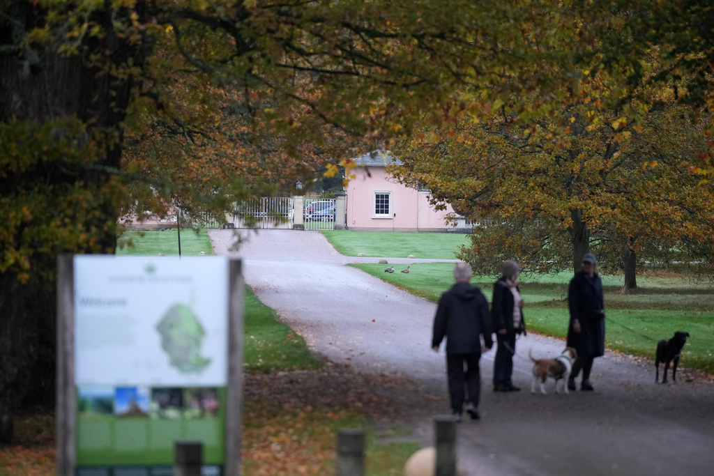 The entrance near to the Royal Lodge is seen following the announcement that Prince Andrew will be stripped of his titles and leave the 30-room mansion he has occupied for more than 20 years in Windsor, England, Friday, Oct. 31, 2025.(AP Photo/Alastair Grant)