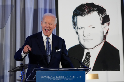 Former President Joe Biden speaks after receiving the Lifetime Achievement Award at the Edward M. Kennedy Institute's 10th Anniversary Celebration, Sunday, Oct. 26, 2025, in Boston. (AP Photo/Robert F. Bukaty) Former President Joe Biden speaks after receiving the Lifetime Achievement Award at the Edward M. Kennedy Institute's 10th Anniversary Celebration, Sunday, Oct. 26, 2025, in Boston. (AP Photo/Robert F. Bukaty)