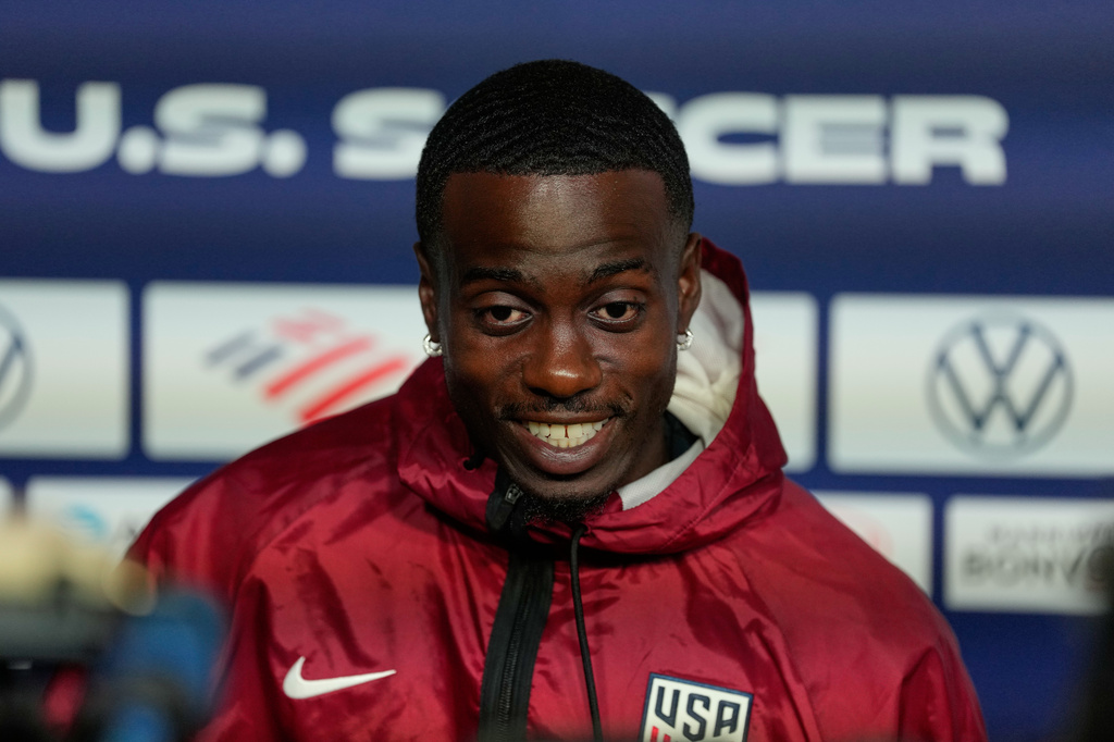 United States' Timothy Weah speaks with the media before a training session ahead of the FIFA World Cup match against Australia in Irvine, Calif., Tuesday, June 16, 2026. (AP Photo/Andre Penner)
