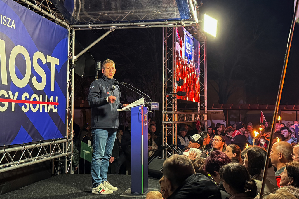 Hungarian opposition leader Peter Magyar addresses people during an election rally in Kiskunhalas, Hungary, Thursday, April 2, 2026. (AP Photo/Bela Szandelszky)