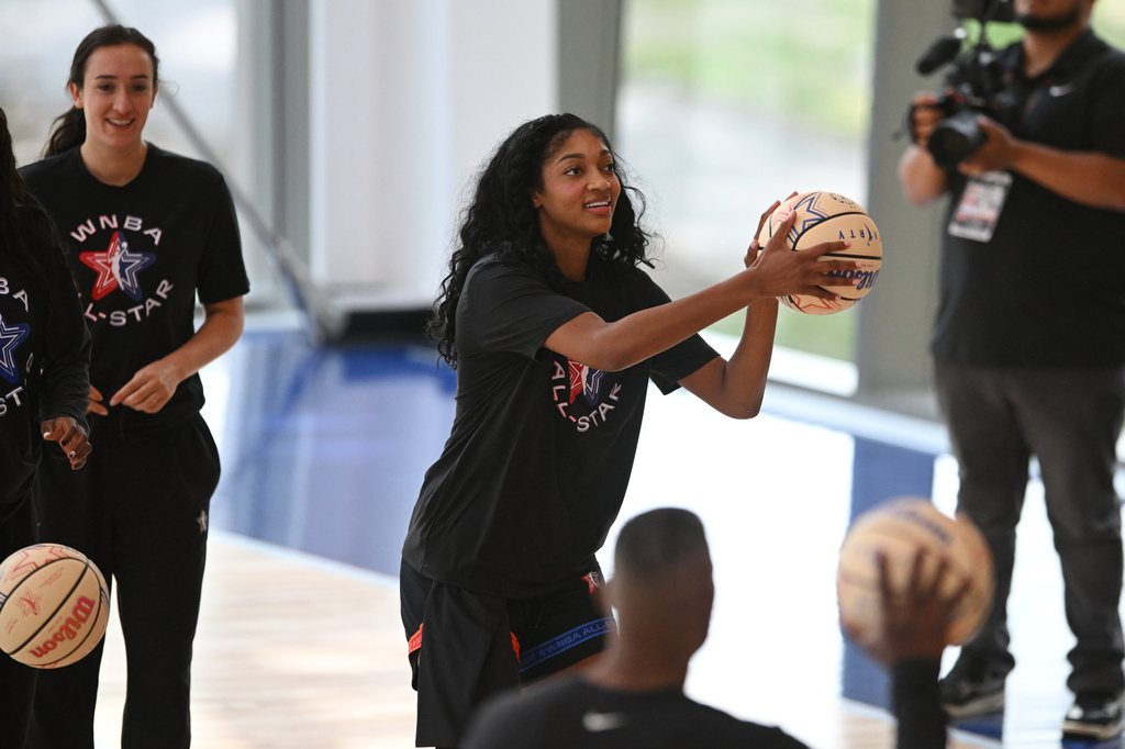WNBA All Star Angel Reese shoots during practice at the Obama Presidential Center in Chicago, Friday, July 24, 2026. (AP Photo/Paul Beaty)