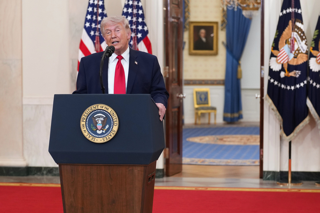 President Donald Trump speaks about the Iran war from the Cross Hall of the White House on Wednesday, April 1, 2026, in Washington. (Doug Mills/The New York Times via AP Pool)