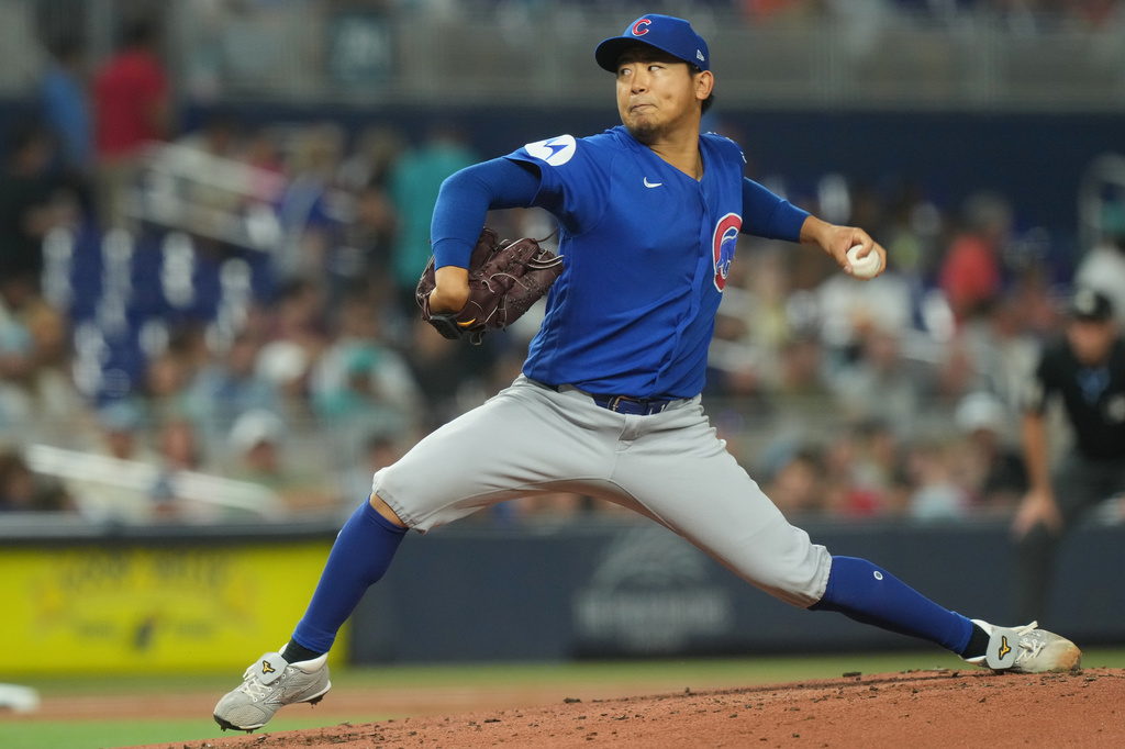 Chicago Cubs starting pitcher Shota Imanaga aims a pitch during the second inning of a baseball game against the Miami Marlins Friday, Sept. 4, 2026, in Miami. (AP Photo/Marta Lavandier)
