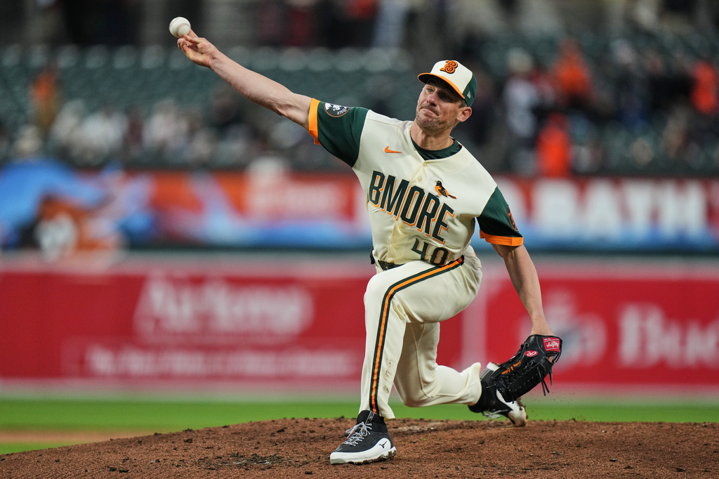 Baltimore Orioles pitcher Chris Bassitt delivers during the second inning of a baseball game against the Detroit Tigers, Friday, May 22, 2026, in Baltimore. (AP Photo/Stephanie Scarbrough)