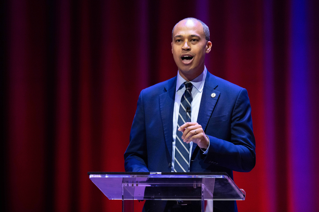 Democrat Jay Jones participates in the Virginia attorney general debate with Republican incumbent Jason Miyares in Richmond, Va., Thursday, Oct. 16, 2025. (Mike Kropf/Richmond Times-Dispatch via AP, Pool)