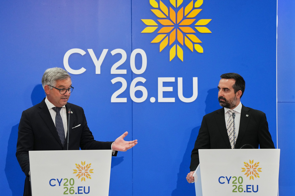 Commissioner for Internal Affairs and MigrationMagnus Brunner, and Cypriot Deputy Minister of Migration and International Protection Nicholas Ioannides, during a press conference after an informal ministerial conference on the Pact on Migration and Asylum in Nicosia, Cyprus, Friday, June 12, 2026. (AP Photo/Petros Karadjias)