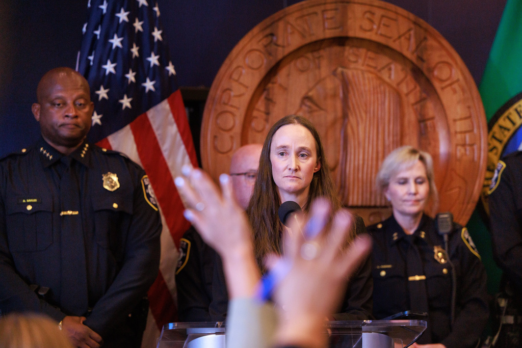 Mayor Katie Wilson speaks during a news conference about appointing Andre Sayles as interim Seattle police chief at Seattle City Hall on Friday, July 31, 2026. (Erika Schultz/The Seattle Times via AP)