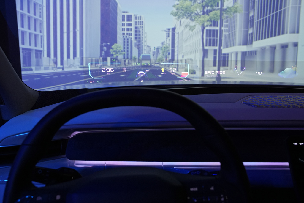A Holographic Windshield display is projected on the windshield of a car at the Hyundai Mobis booth during the CES tech show Tuesday, Jan. 7, 2025, in Las Vegas. (AP Photo/John Locher)