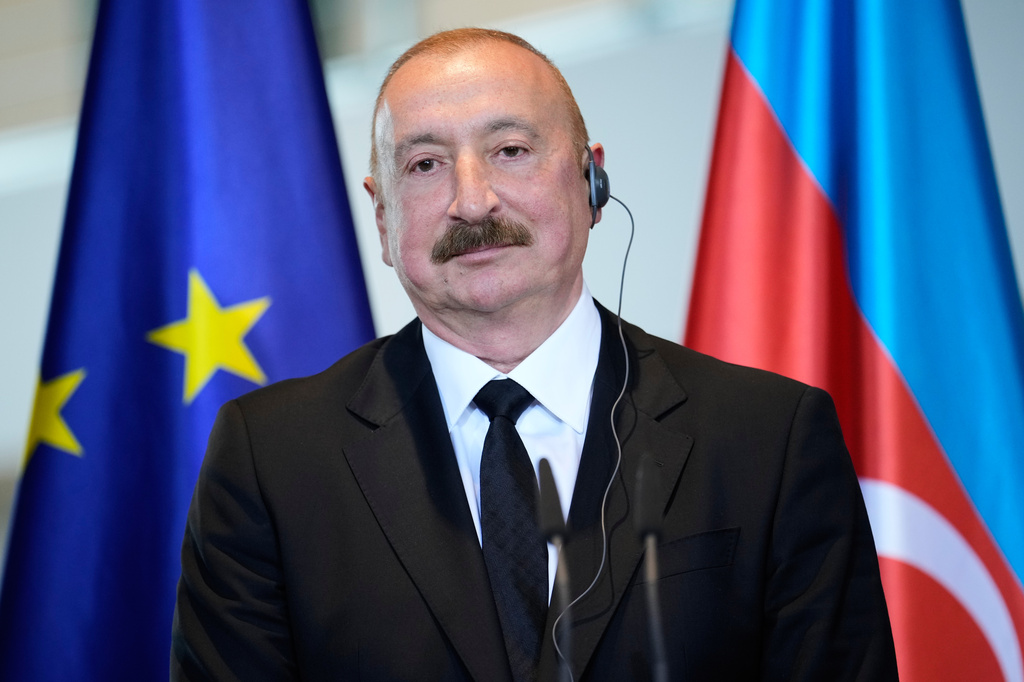 Azerbaijan' president Ilham Aliyev attends a news conference after a meeting with German chancellor Friedrich Merz in Berlin, Germany, Tuesday, July 21, 2026. (AP Photo/Ebrahim Noroozi)