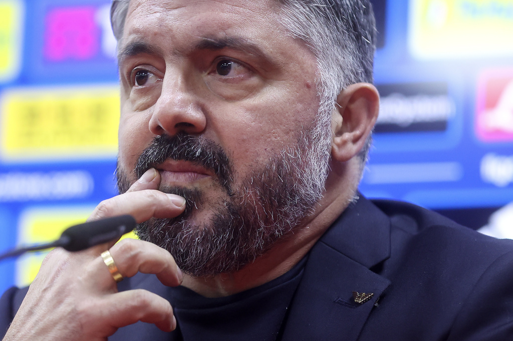 Italy's head coach Gennaro Gattuso listens to the questions of journalists during the press conference ahead of the World Cup playoff final soccer match against Bosnia in Zenica, Bosnia, Monday, March 30, 2026. (AP Photo/Armin Durgut)