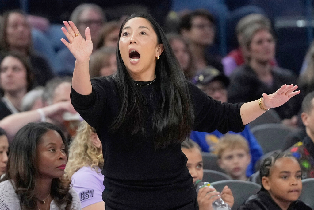 FILE - Golden State Valkyries head coach Natalie Nakase during a WNBA preseason basketball game against the Los Angeles Sparks in San Francisco, Tuesday, May 6, 2025. (AP Photo/Jeff Chiu, File)