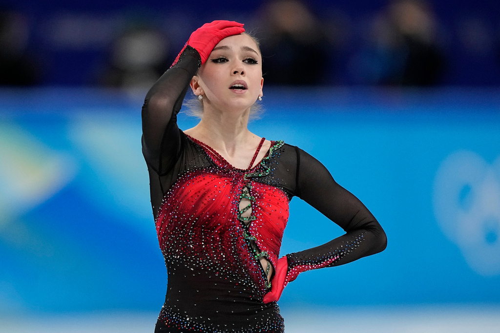 FILE - Kamila Valieva, of the Russian Olympic Committee, reacts in the women's team free skate program during the figure skating competition at the 2022 Winter Olympics, Monday, Feb. 7, 2022, in Beijing. (AP Photo/David J. Phillip, File)